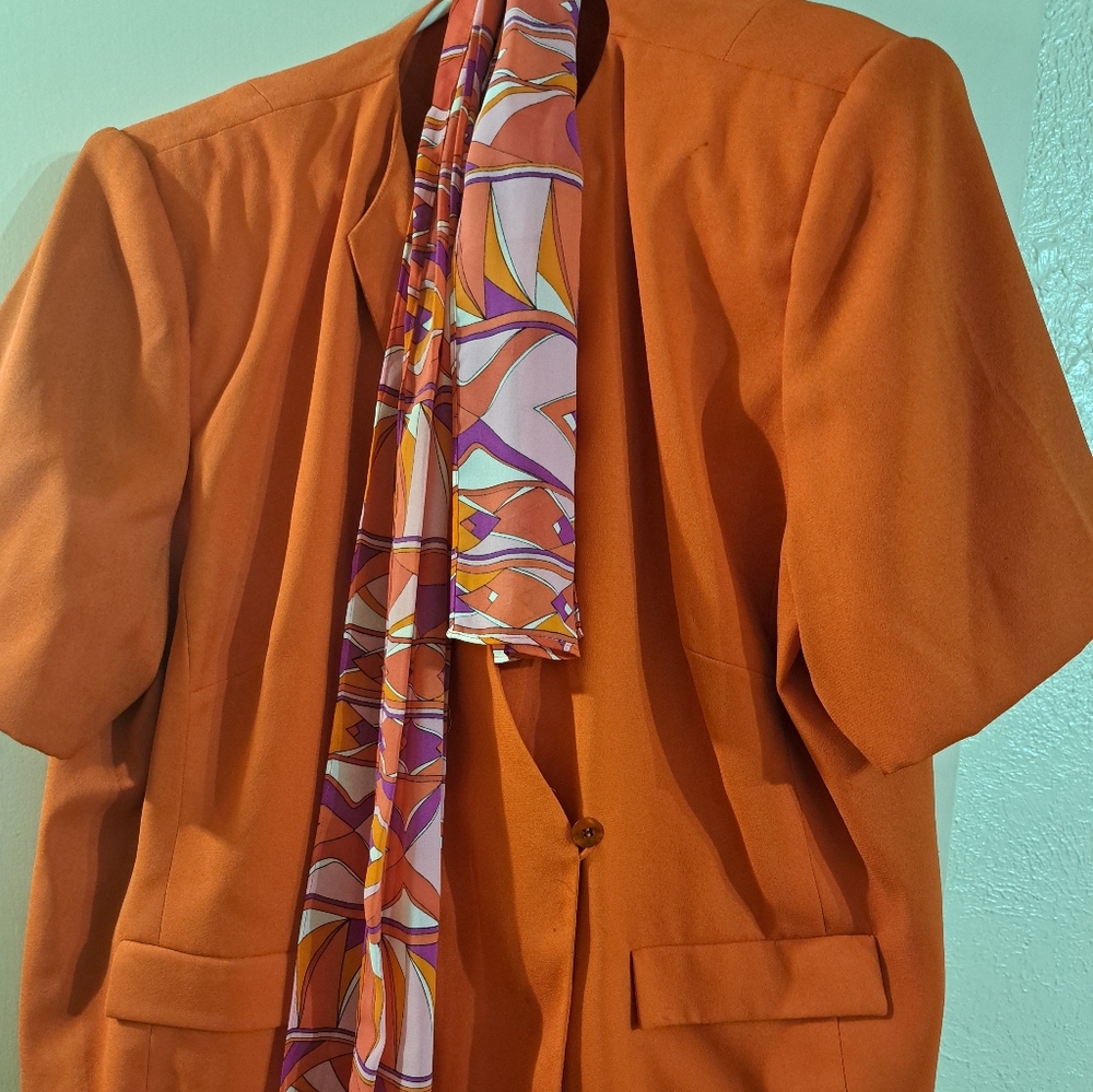 Morgan Miller Orange Blazer Skirt Set with Colorful Scarf